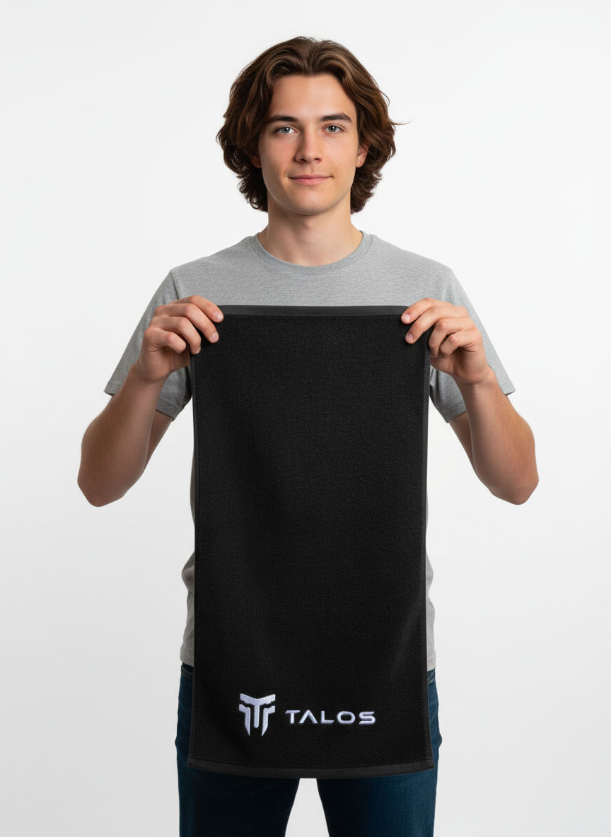 Έφηβος αθλητής με μαύρη πετσέτα TALOS στα χέρια