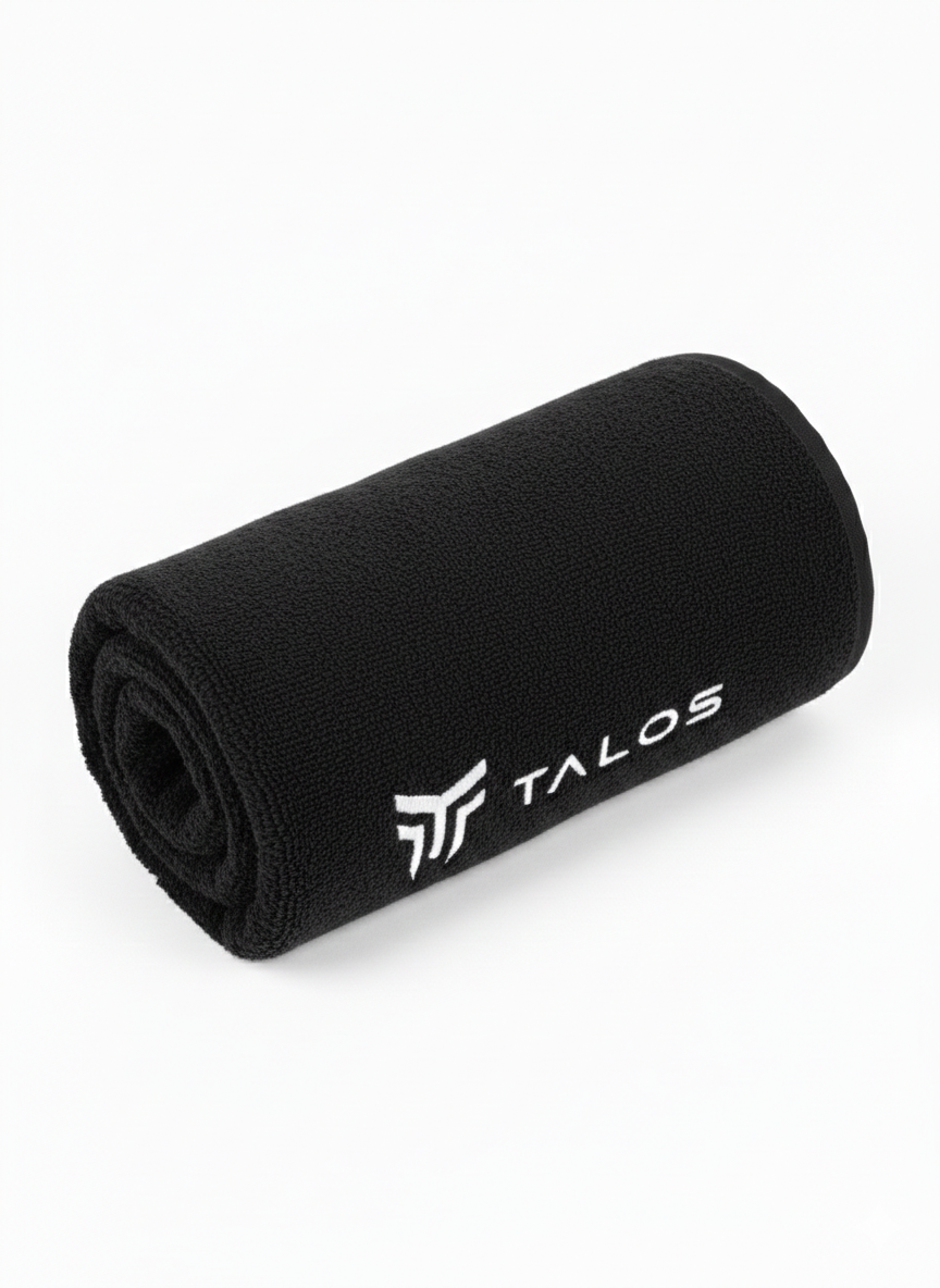 Μαύρη αθλητική πετσέτα TALOS τυλιγμένη σε ρολό